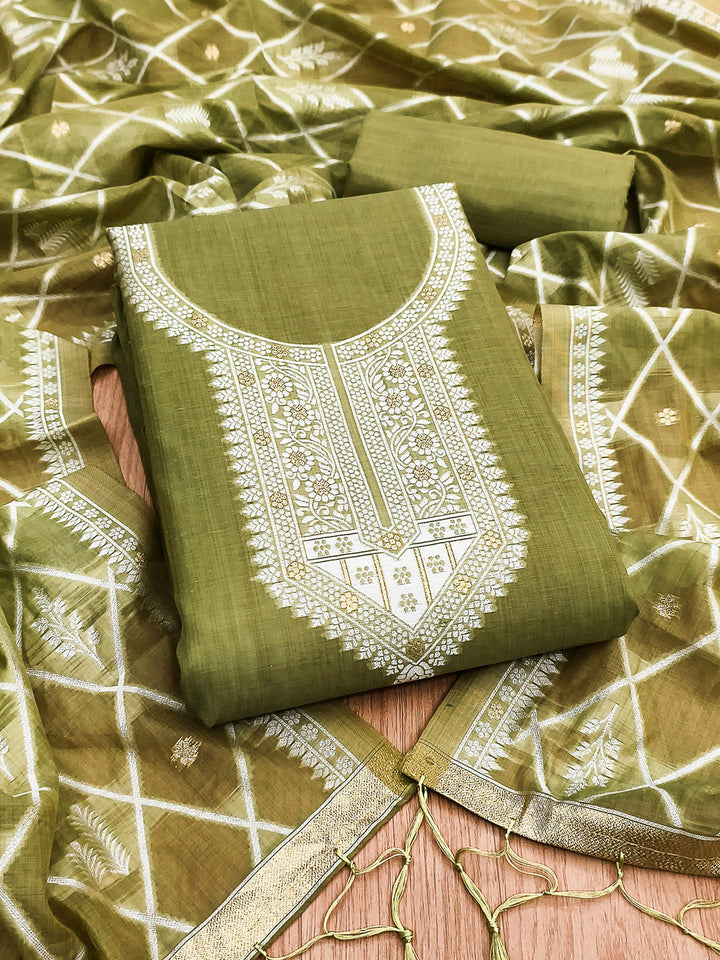 Mehndi Muga Cotton Woven Design Unstitched Dress Material