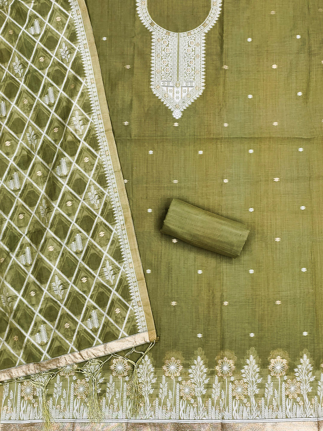 Mehndi Muga Cotton Woven Design Unstitched Dress Material