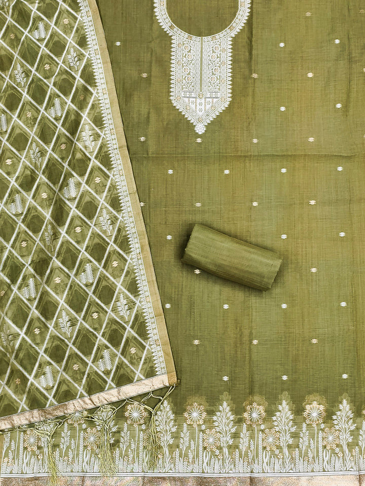 Mehndi Muga Cotton Woven Design Unstitched Dress Material