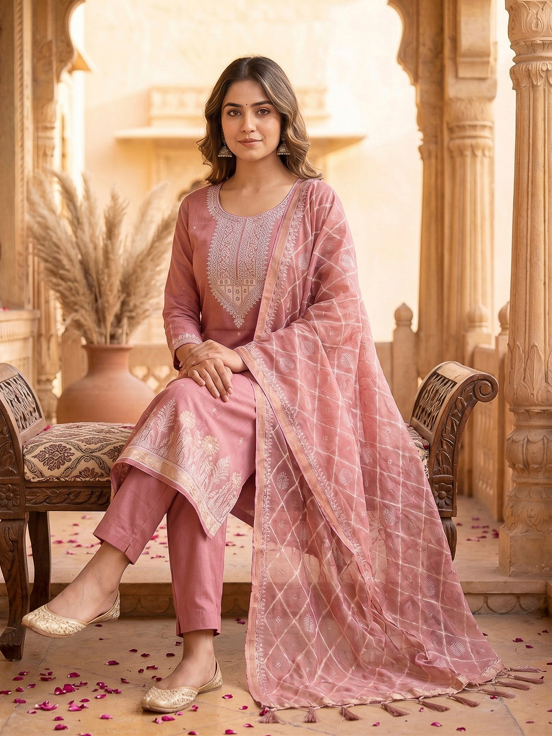 Pink Muga Cotton Woven Design Unstitched Dress Material