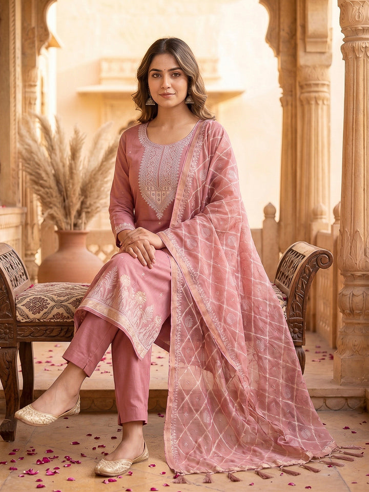 Pink Muga Cotton Woven Design Unstitched Dress Material