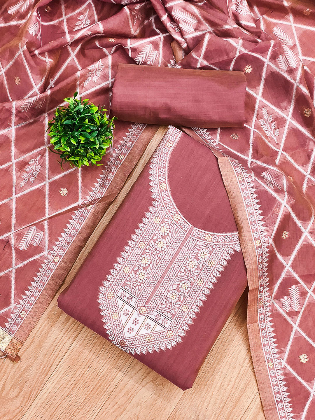 Pink Muga Cotton Woven Design Unstitched Dress Material