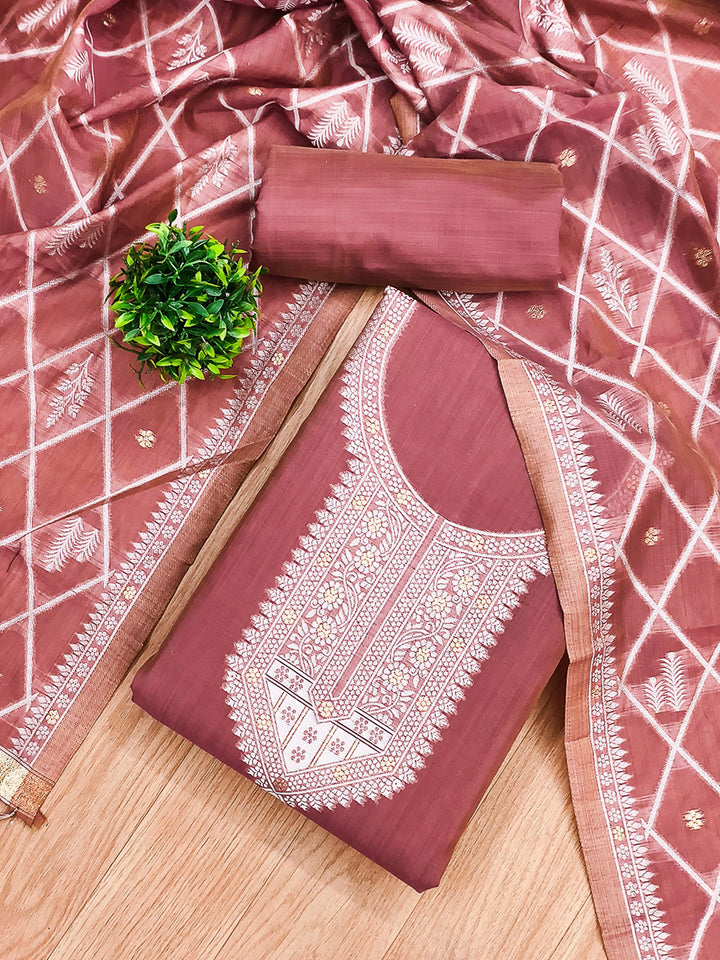 Pink Muga Cotton Woven Design Unstitched Dress Material
