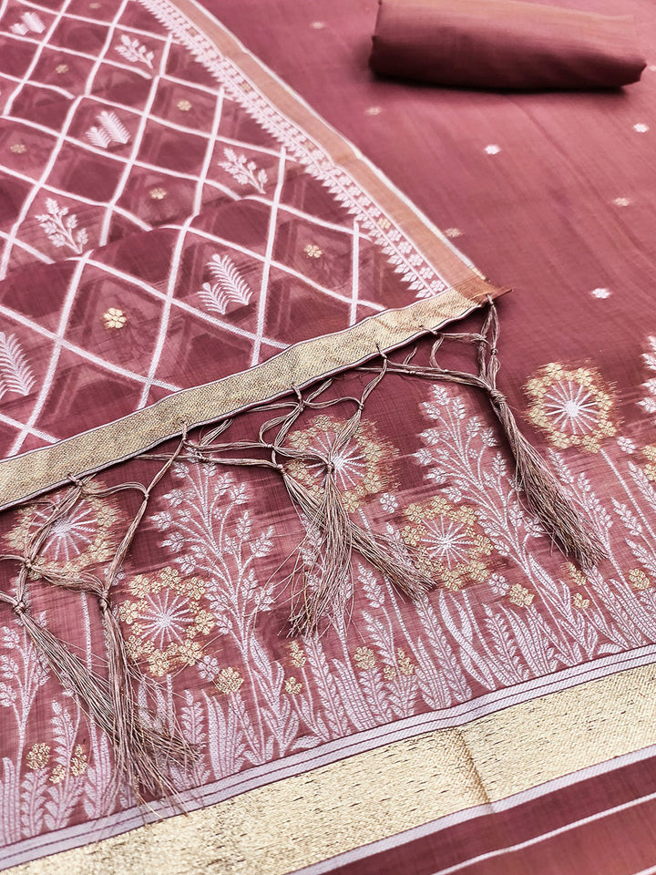 Pink Muga Cotton Woven Design Unstitched Dress Material