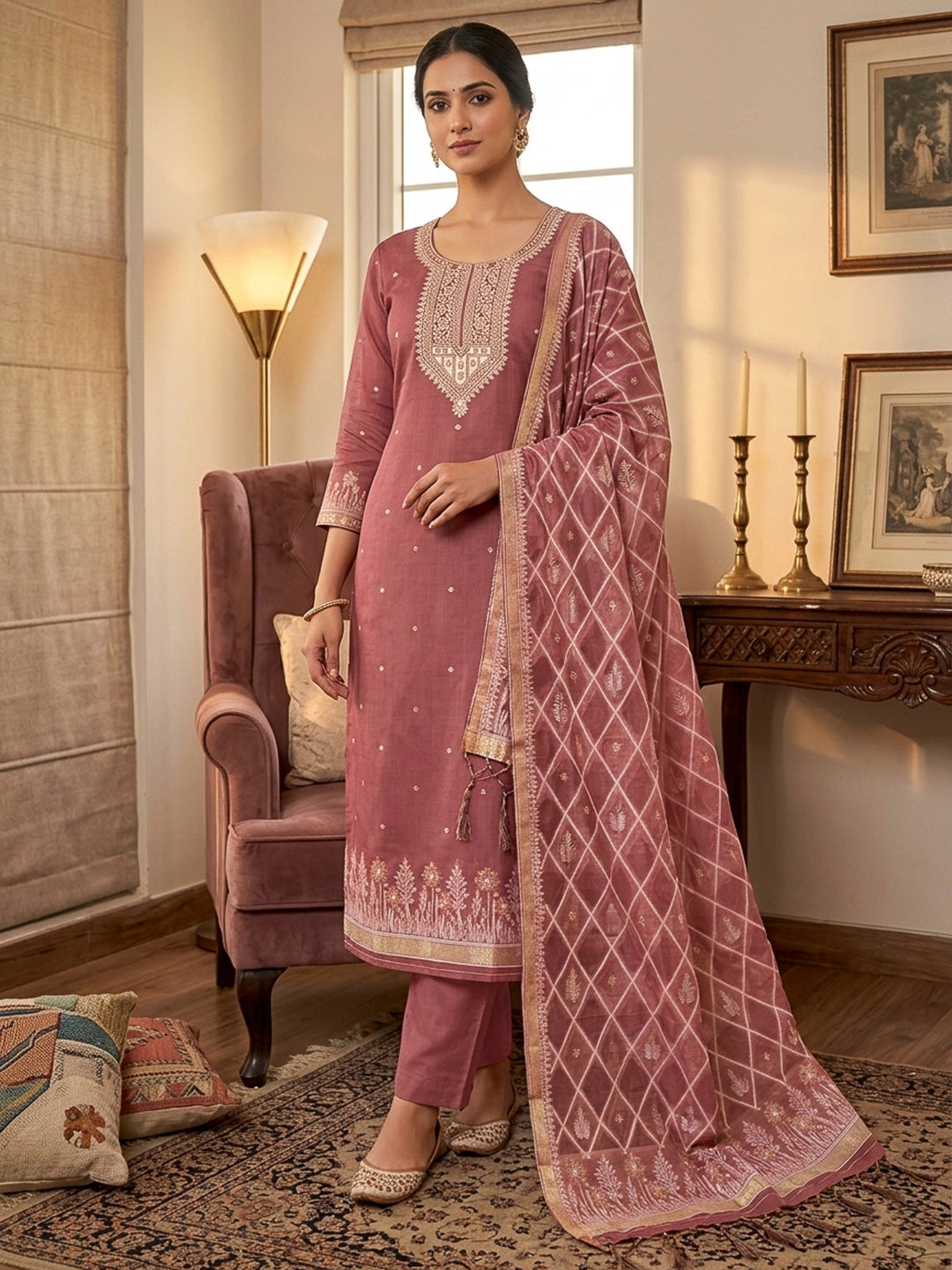 Pink Muga Cotton Woven Design Unstitched Dress Material