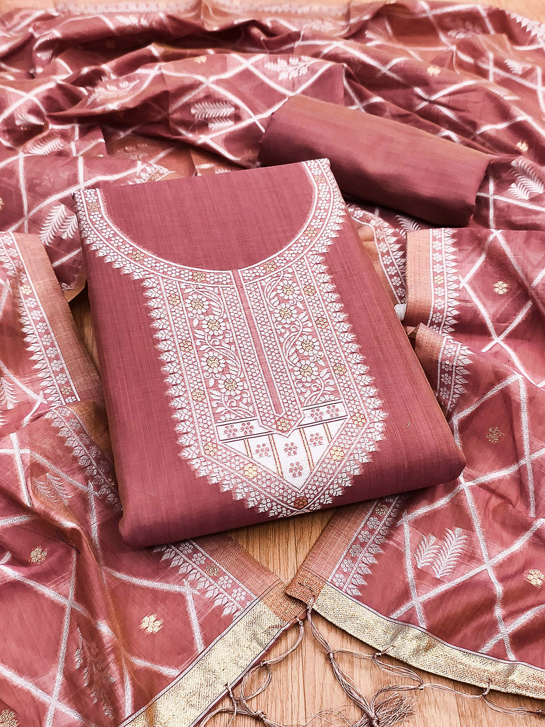 Pink Muga Cotton Woven Design Unstitched Dress Material