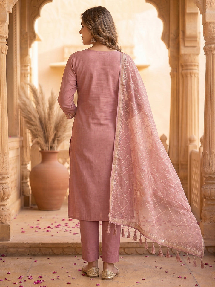 Pink Muga Cotton Woven Design Unstitched Dress Material
