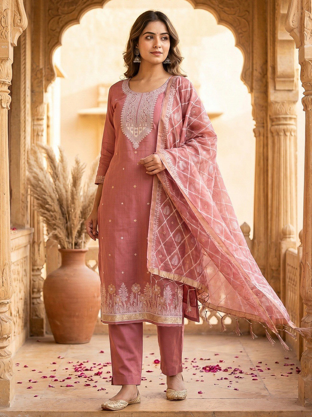 Pink Muga Cotton Woven Design Unstitched Dress Material