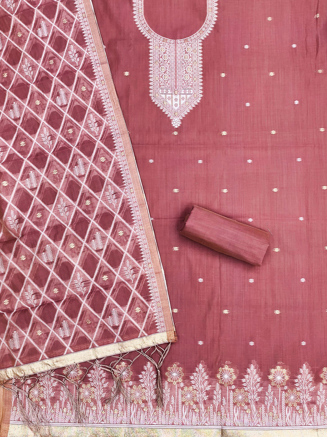 Pink Muga Cotton Woven Design Unstitched Dress Material