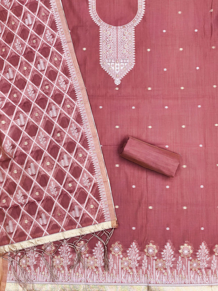 Pink Muga Cotton Woven Design Unstitched Dress Material