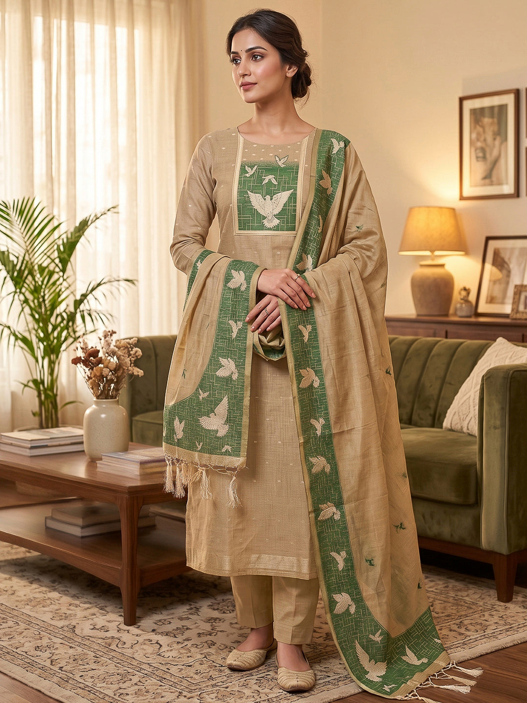 Chikoo Muga Cotton Woven Design Unstitched Dress Material
