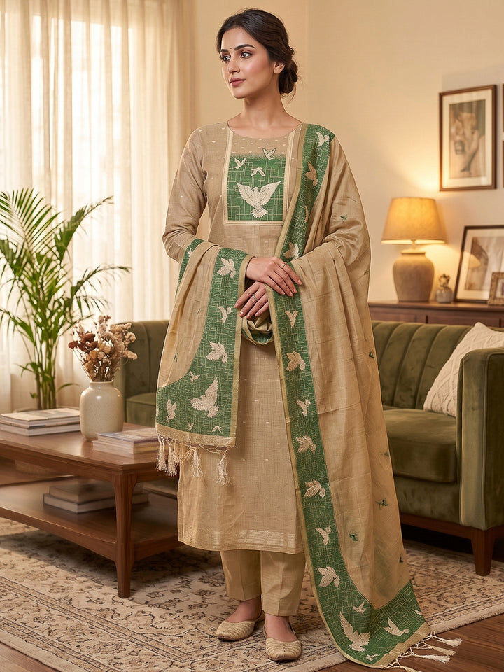 Chikoo Muga Cotton Woven Design Unstitched Dress Material