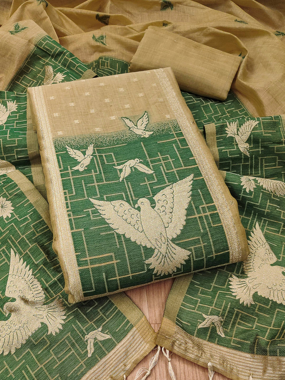 Chikoo Muga Cotton Woven Design Unstitched Dress Material