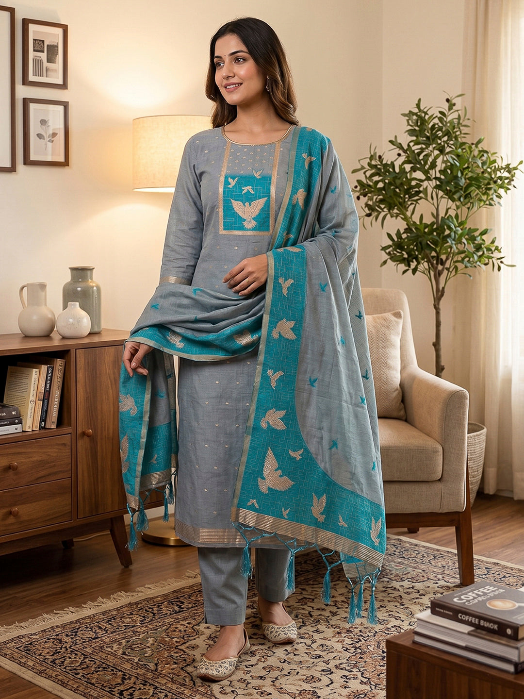 Grey Muga Cotton Woven Design Unstitched Dress Material