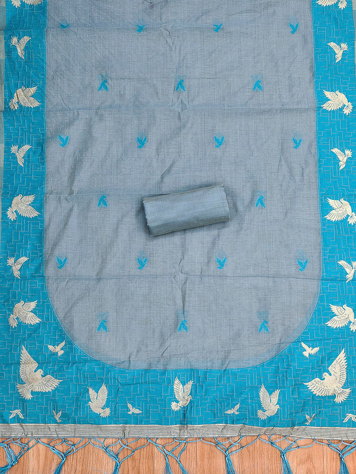 Grey Muga Cotton Woven Design Unstitched Dress Material