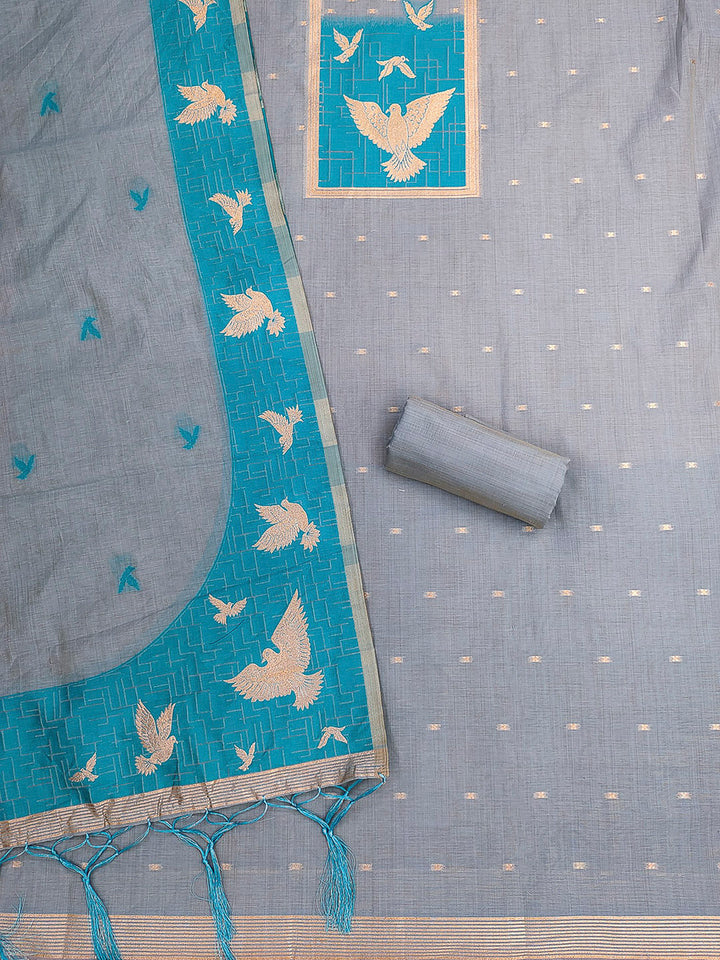 Grey Muga Cotton Woven Design Unstitched Dress Material