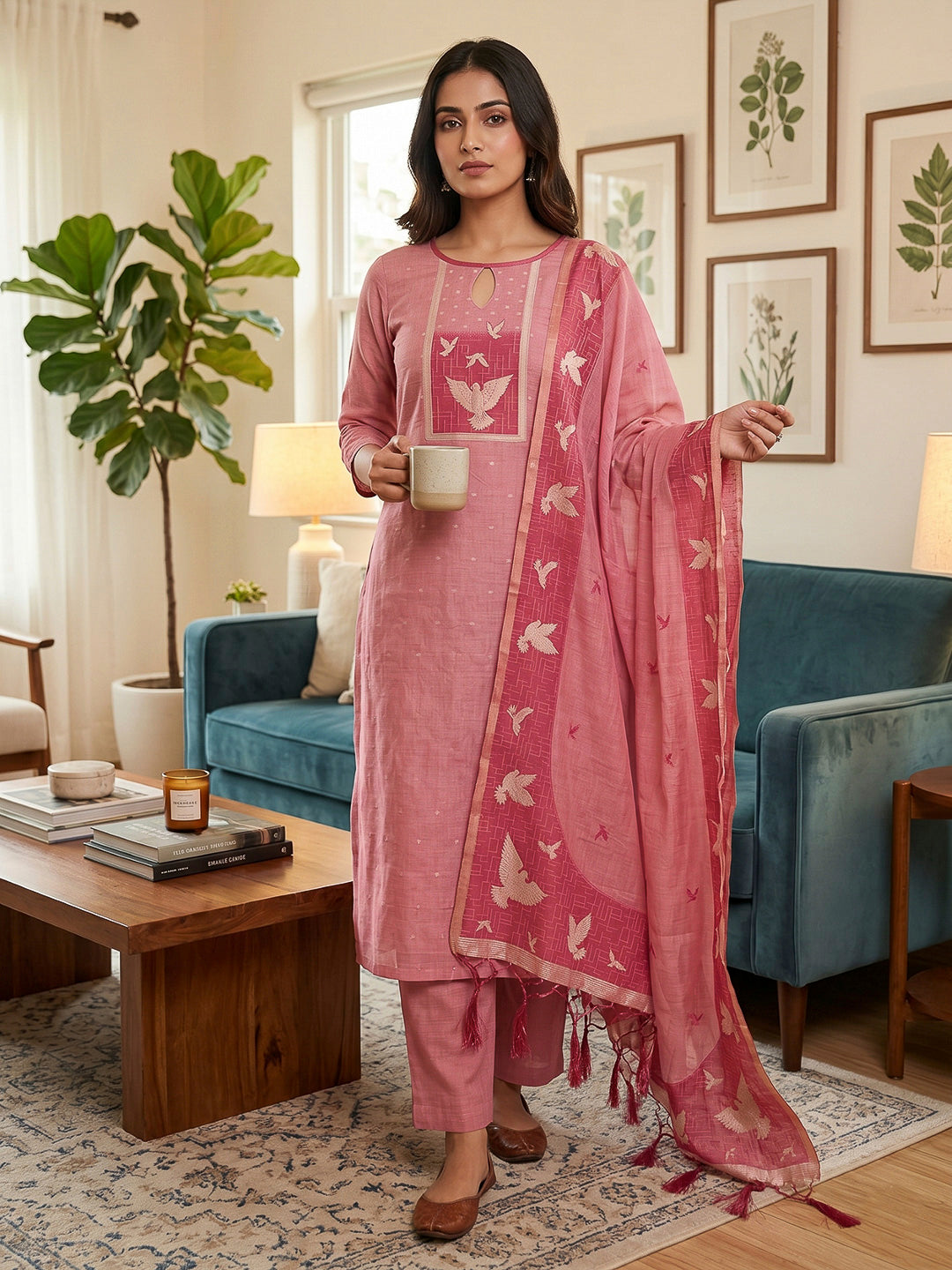 Pink Muga Cotton Woven Design Unstitched Dress Material