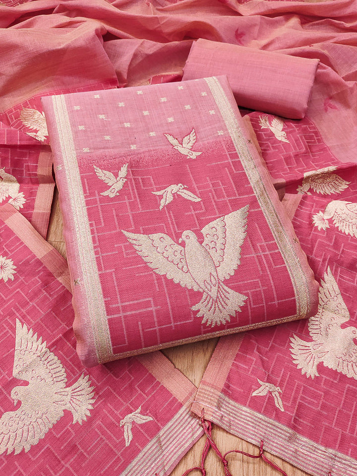 Pink Muga Cotton Woven Design Unstitched Dress Material