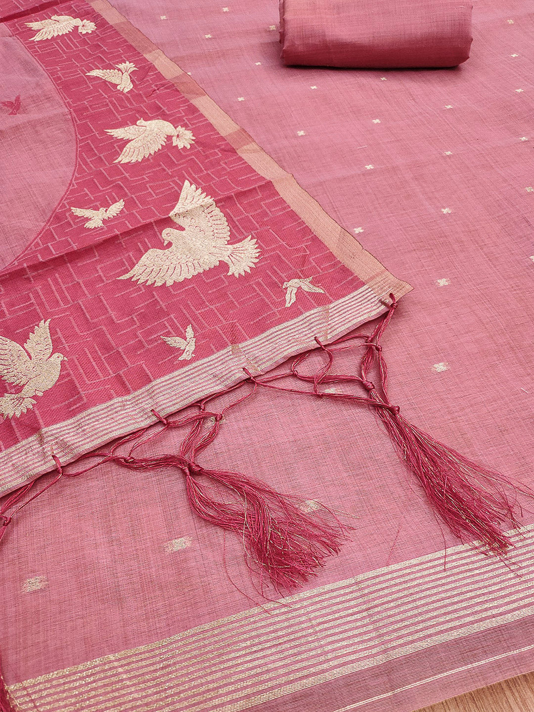 Pink Muga Cotton Woven Design Unstitched Dress Material