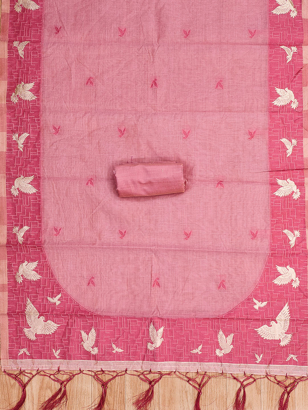 Pink Muga Cotton Woven Design Unstitched Dress Material