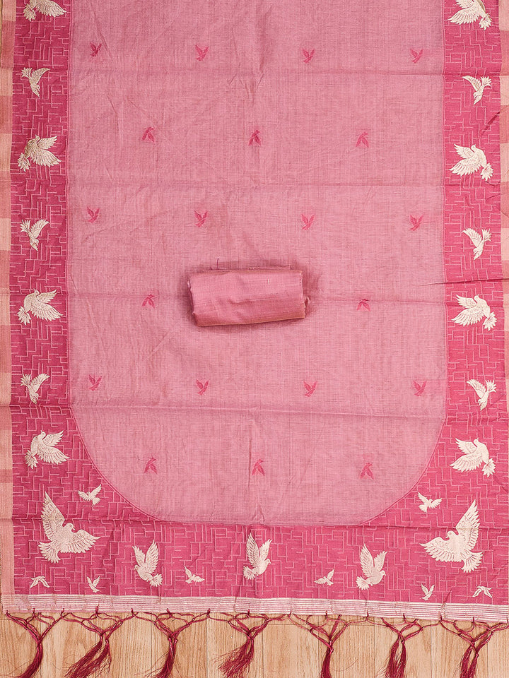 Pink Muga Cotton Woven Design Unstitched Dress Material