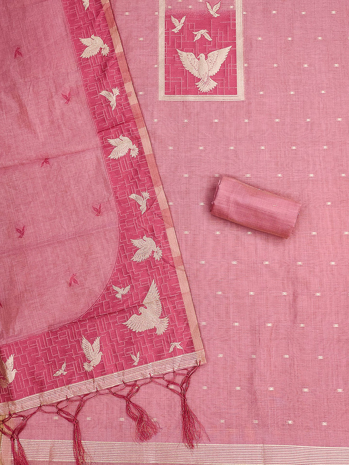 Pink Muga Cotton Woven Design Unstitched Dress Material