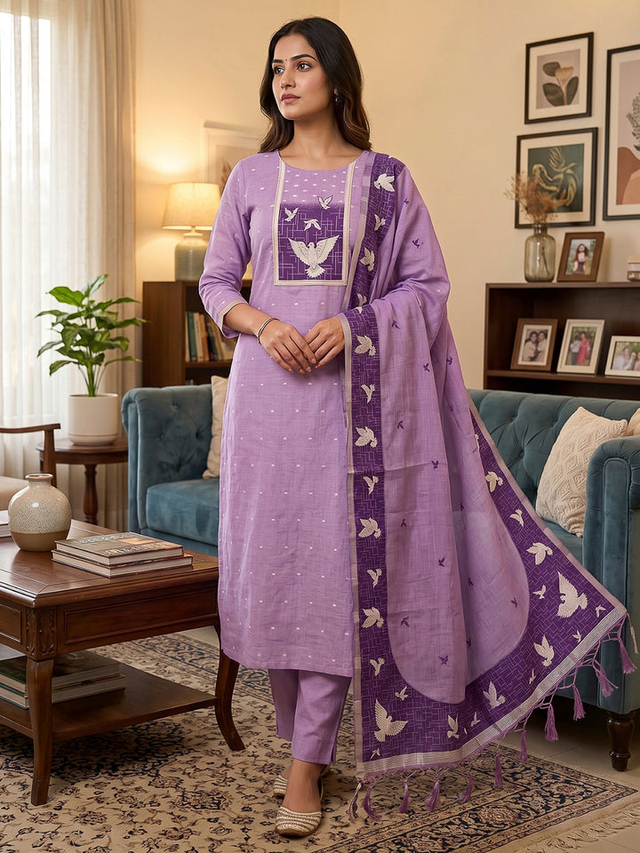 Purple Muga Cotton Woven Design Unstitched Dress Material