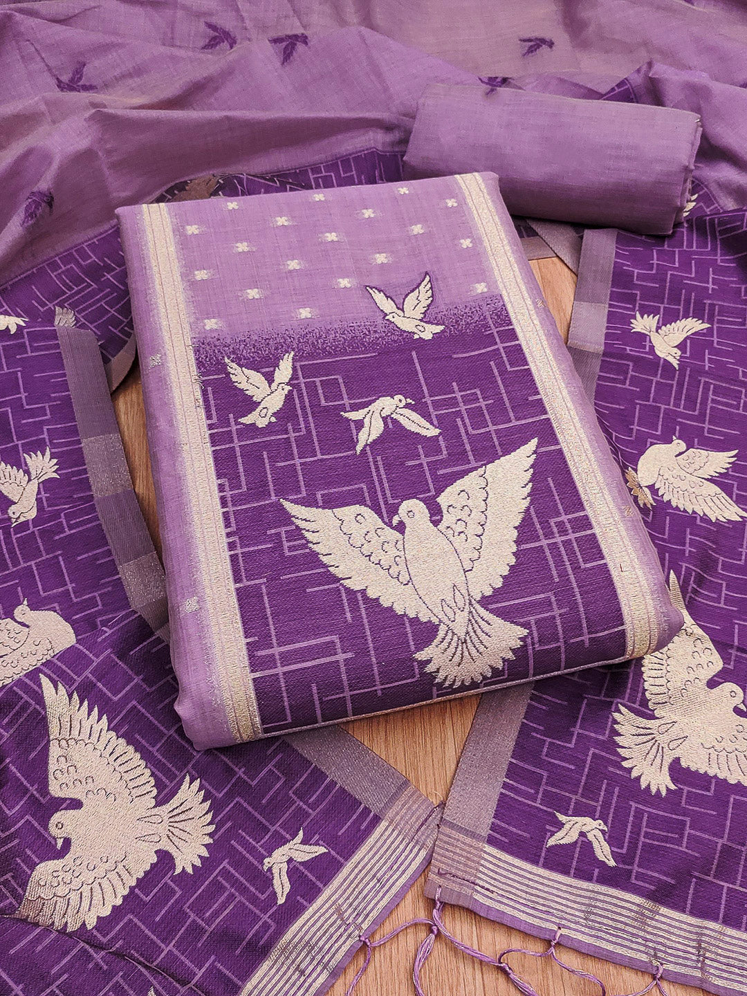 Purple Muga Cotton Woven Design Unstitched Dress Material