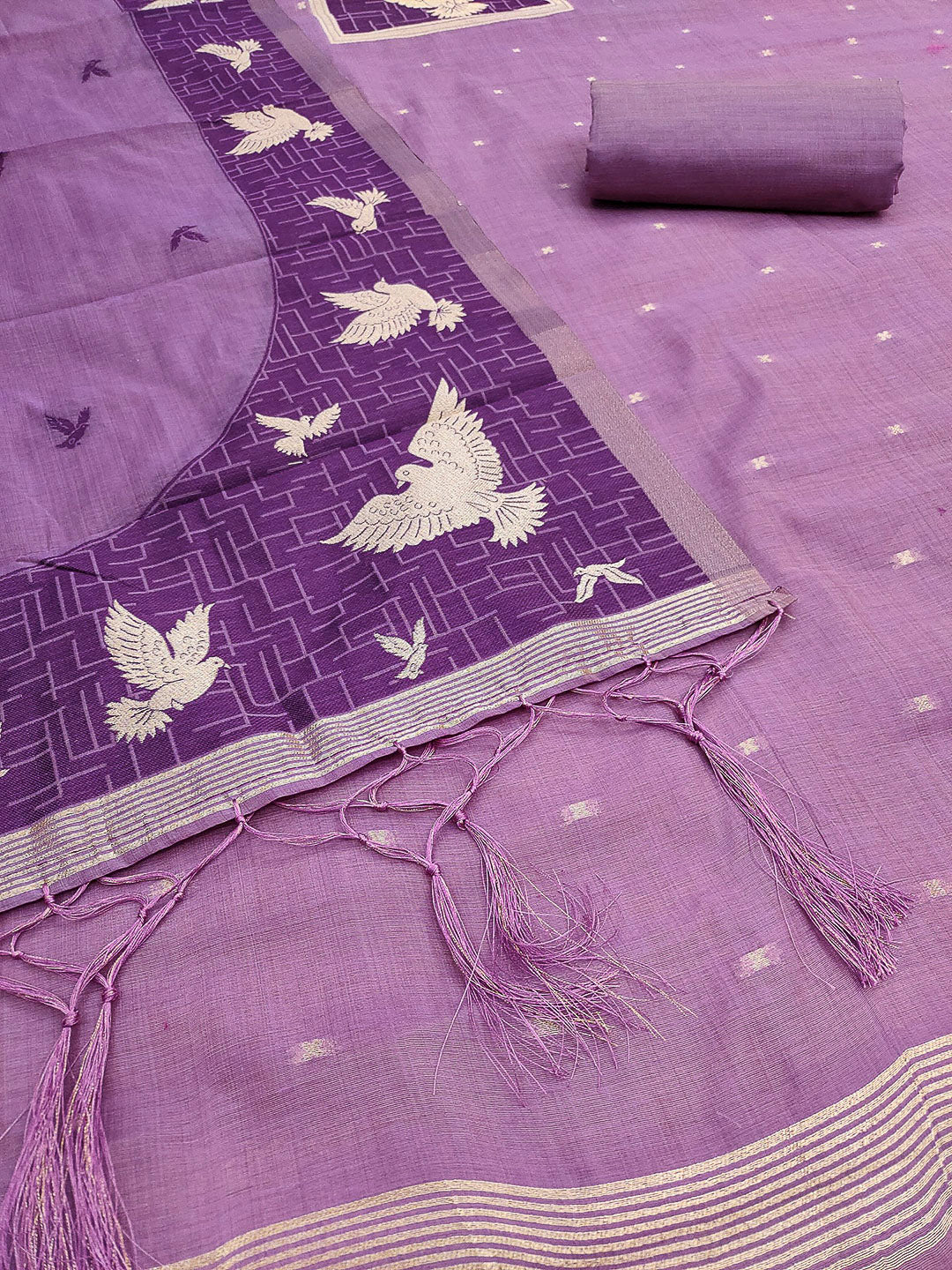 Purple Muga Cotton Woven Design Unstitched Dress Material