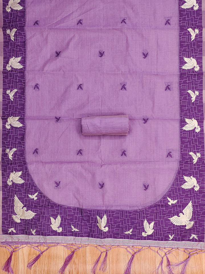 Purple Muga Cotton Woven Design Unstitched Dress Material