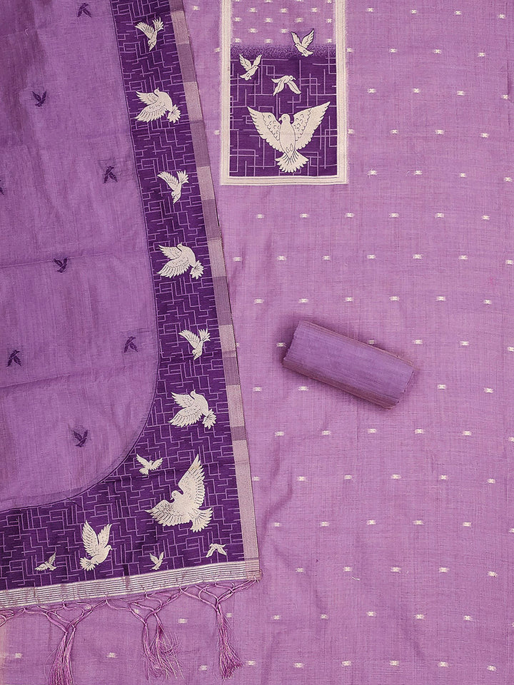 Purple Muga Cotton Woven Design Unstitched Dress Material