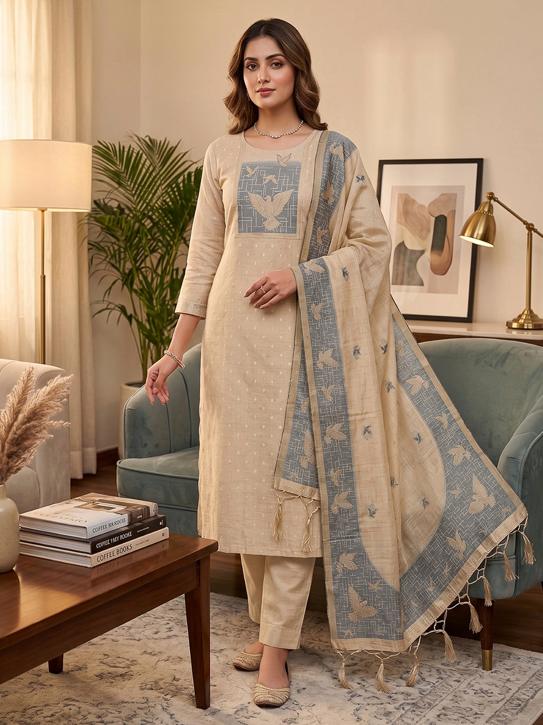 White Muga Cotton Woven Design Unstitched Dress Material