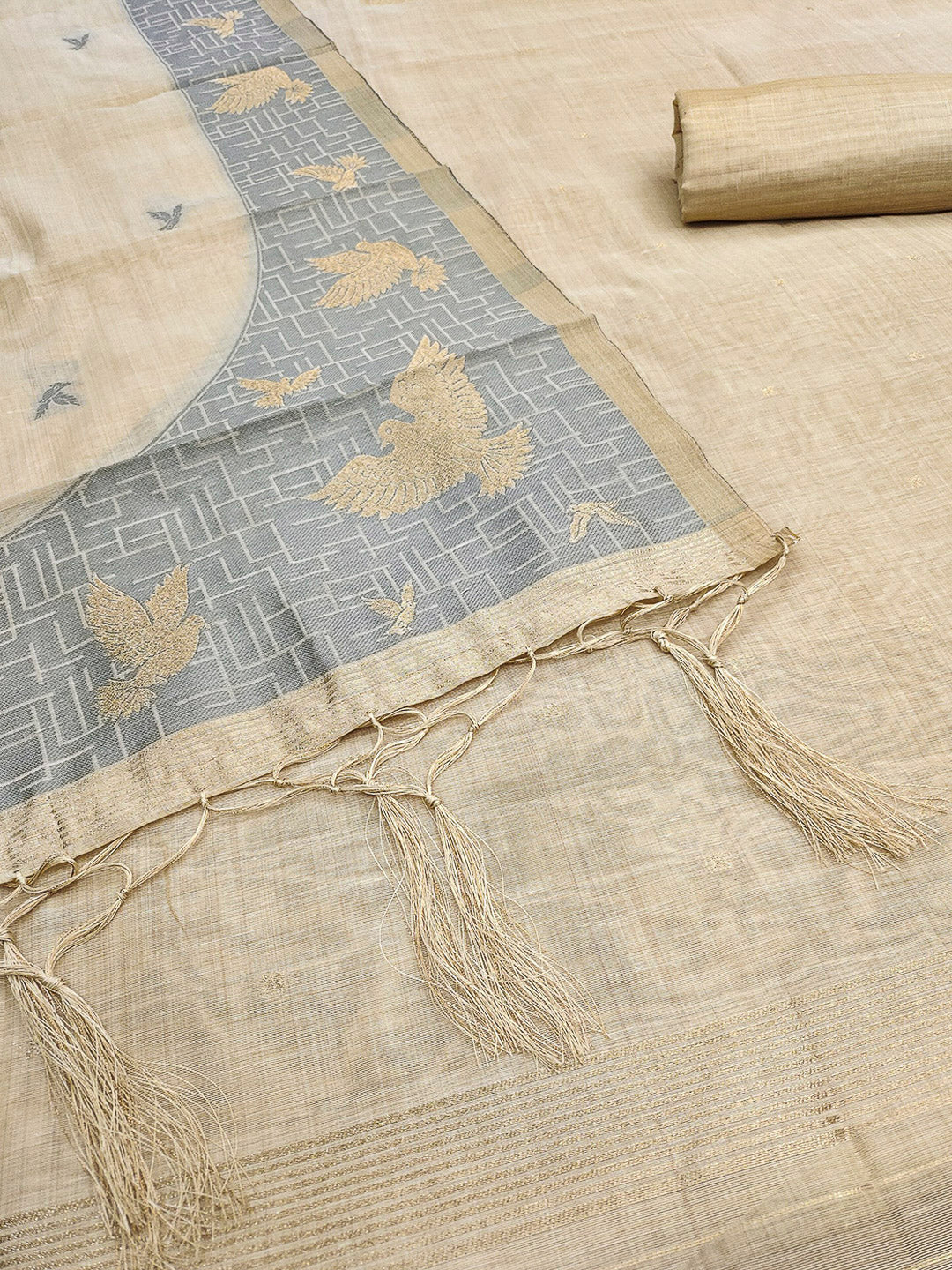 White Muga Cotton Woven Design Unstitched Dress Material