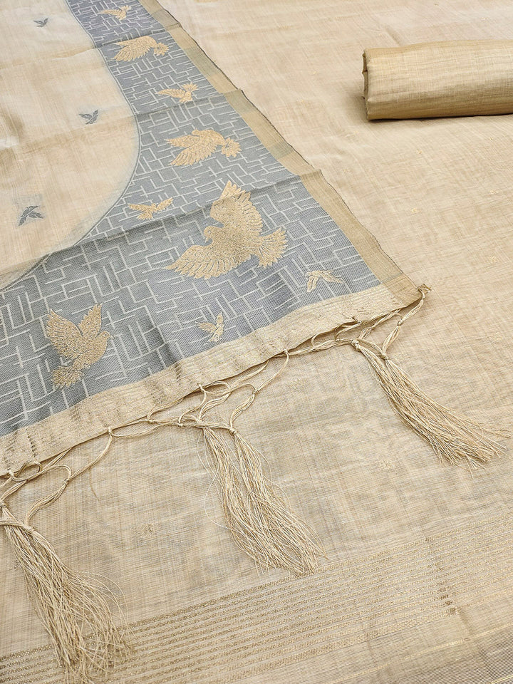 White Muga Cotton Woven Design Unstitched Dress Material