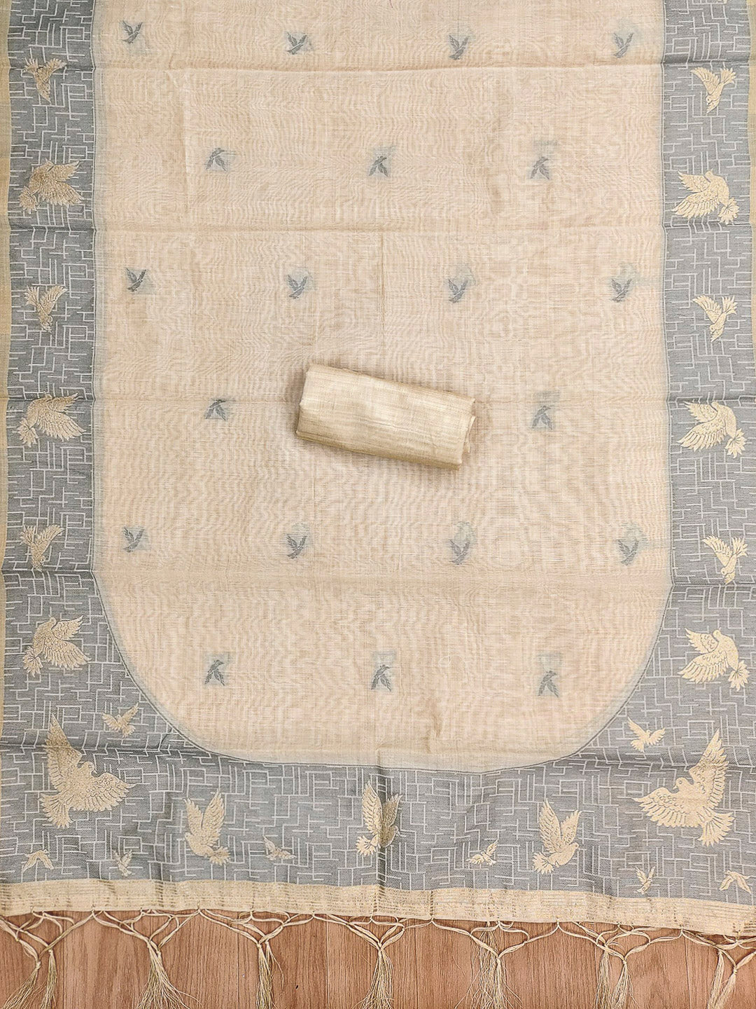 White Muga Cotton Woven Design Unstitched Dress Material