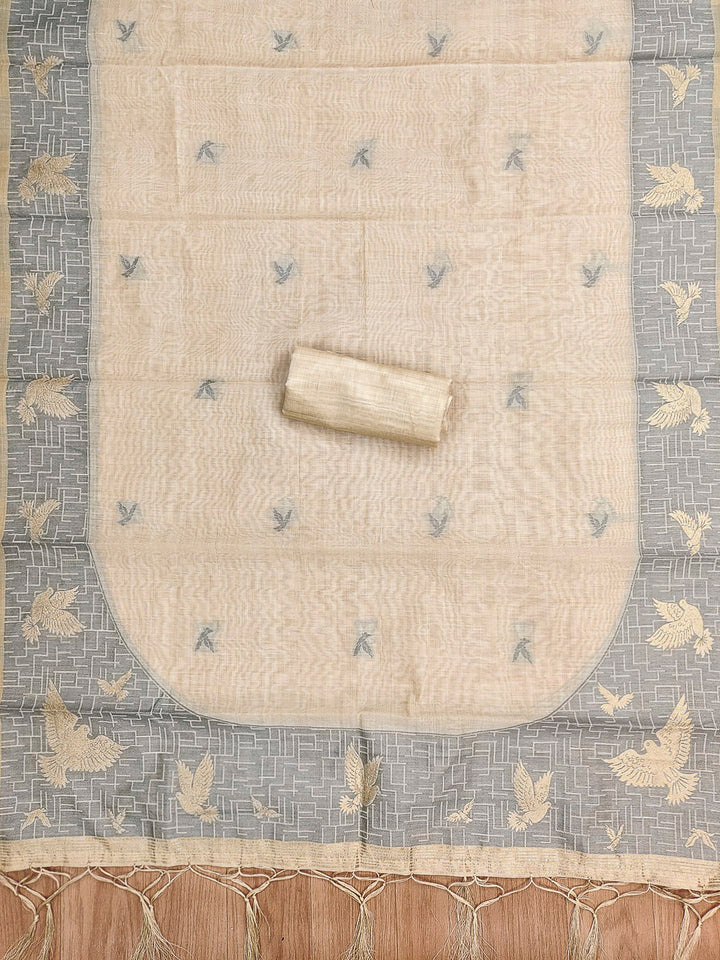 White Muga Cotton Woven Design Unstitched Dress Material