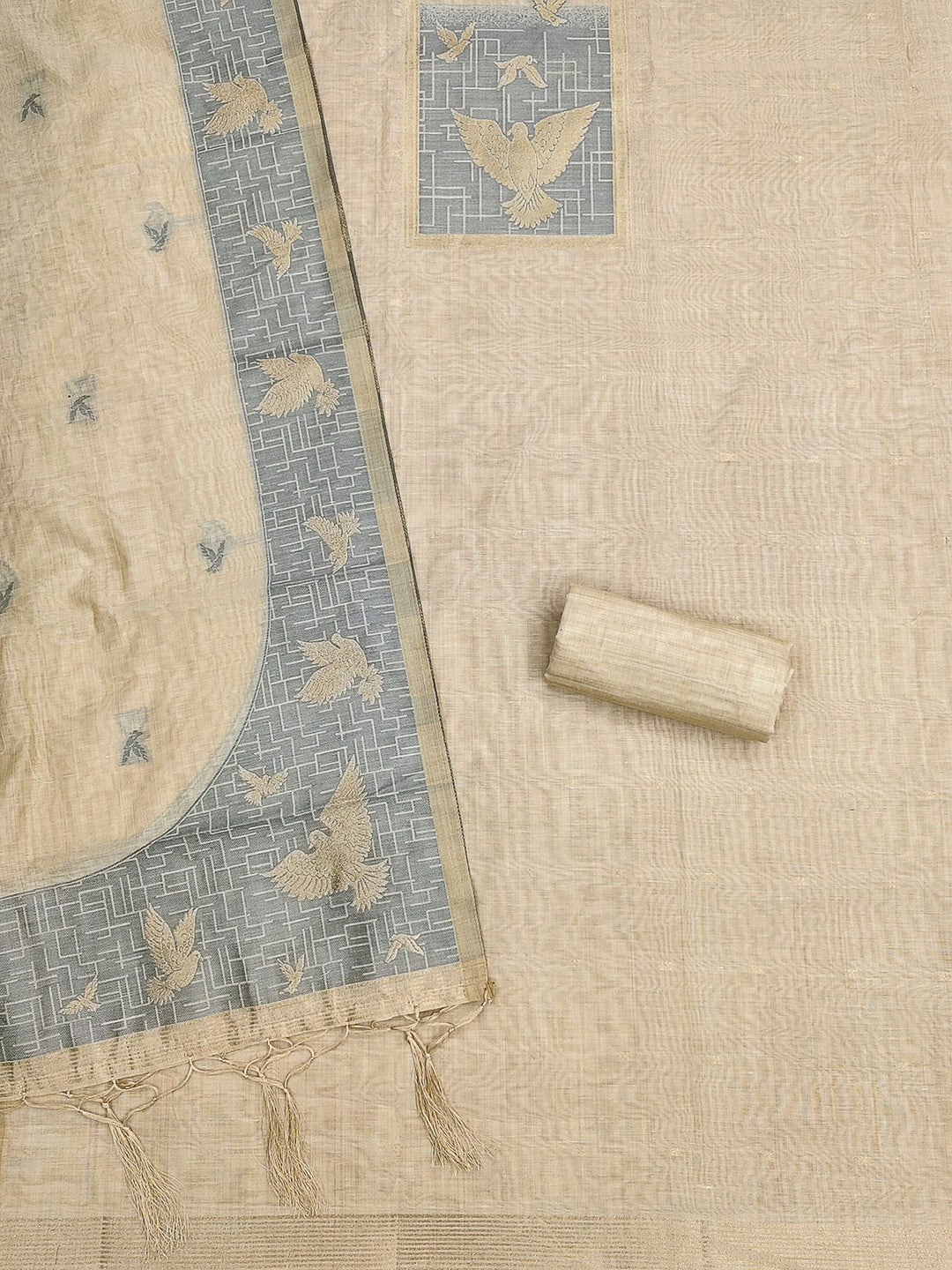 White Muga Cotton Woven Design Unstitched Dress Material