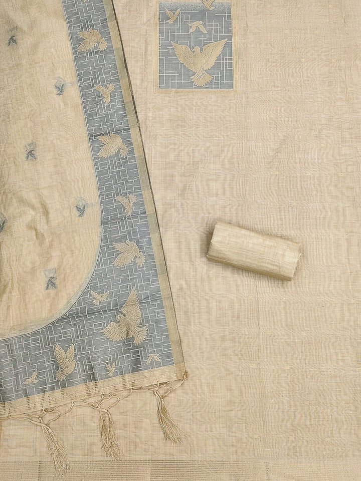 White Muga Cotton Woven Design Unstitched Dress Material