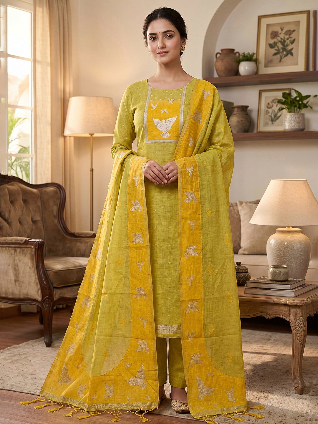 Yellow Muga Cotton Woven Design Unstitched Dress Material