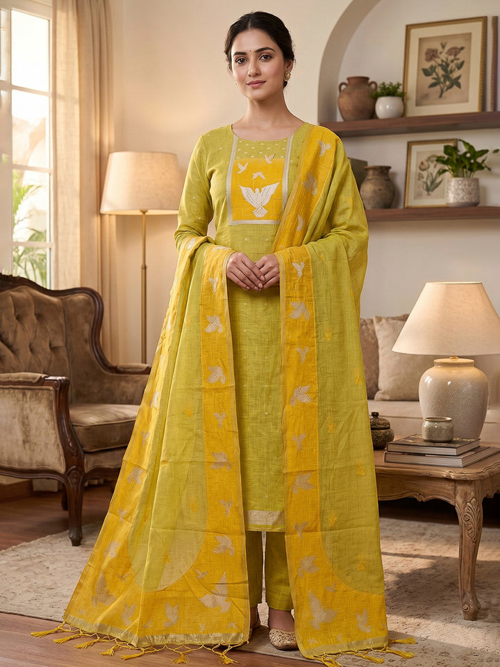 Yellow Muga Cotton Woven Design Unstitched Dress Material