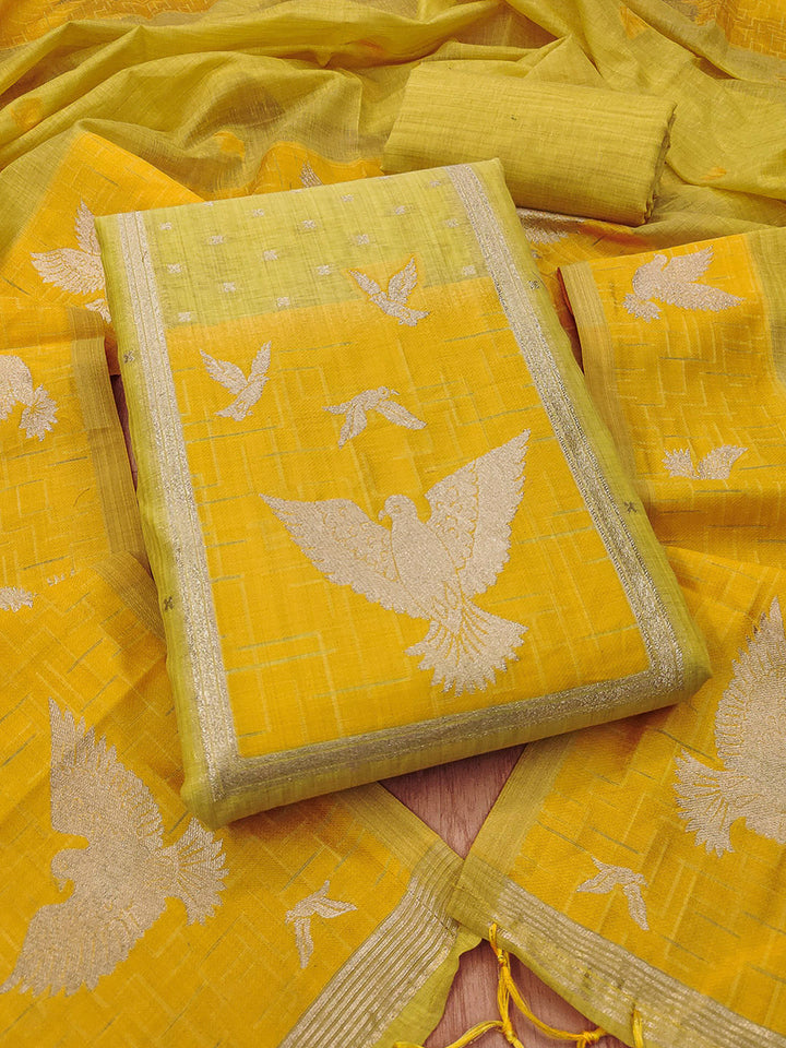 Yellow Muga Cotton Woven Design Unstitched Dress Material