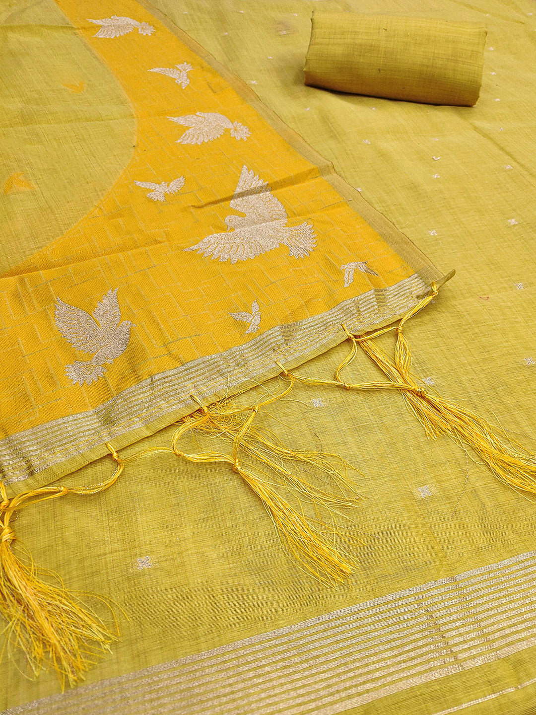 Yellow Muga Cotton Woven Design Unstitched Dress Material