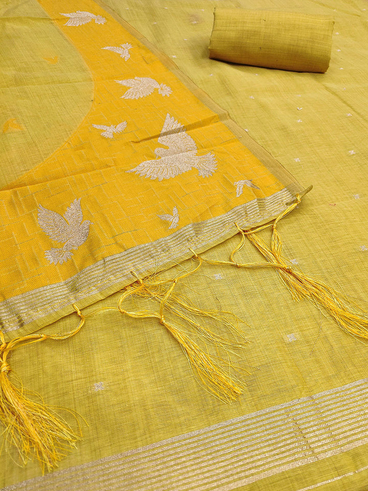 Yellow Muga Cotton Woven Design Unstitched Dress Material