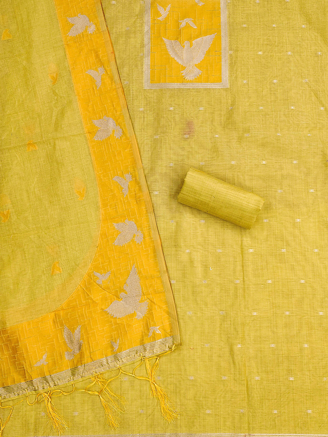 Yellow Muga Cotton Woven Design Unstitched Dress Material