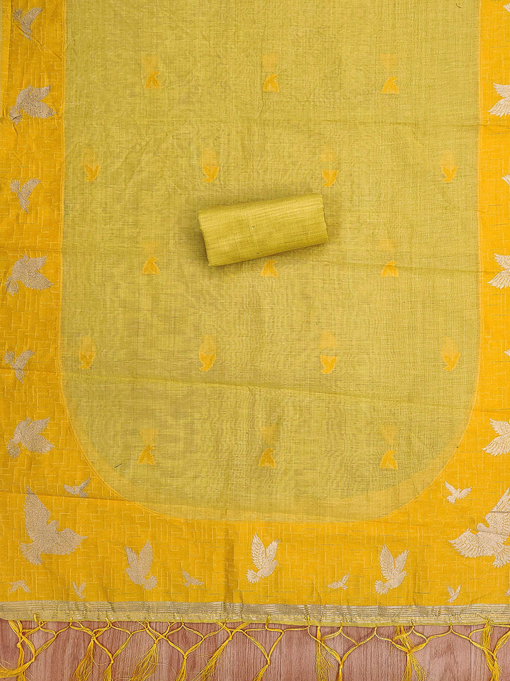 Yellow Muga Cotton Woven Design Unstitched Dress Material