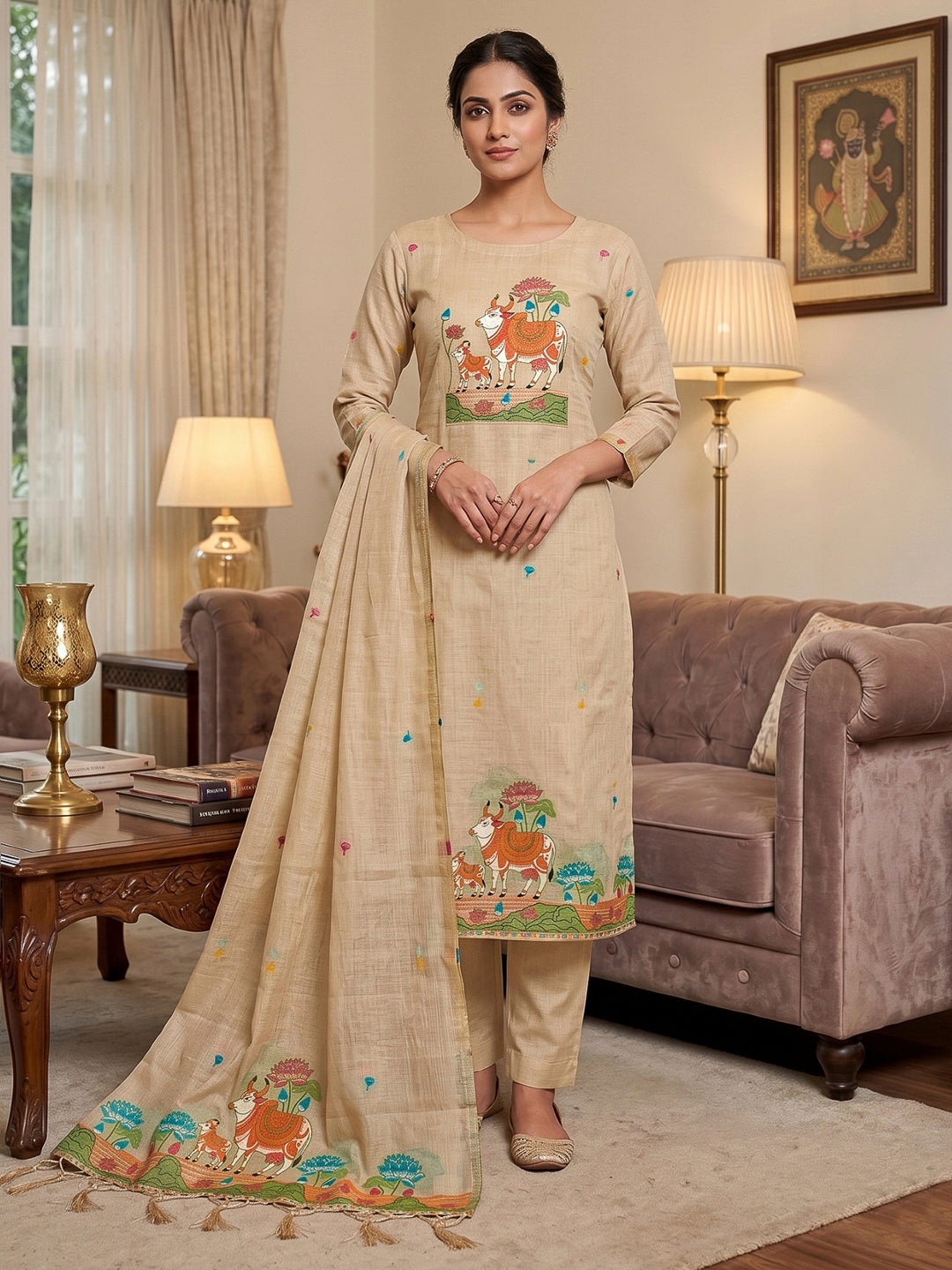 Cream Muga Cotton Woven Design Unstitched Dress Material