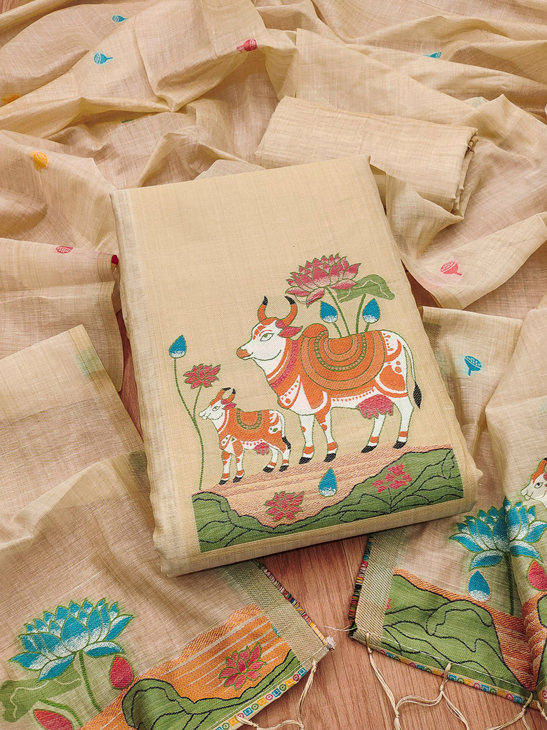 Cream Muga Cotton Woven Design Unstitched Dress Material