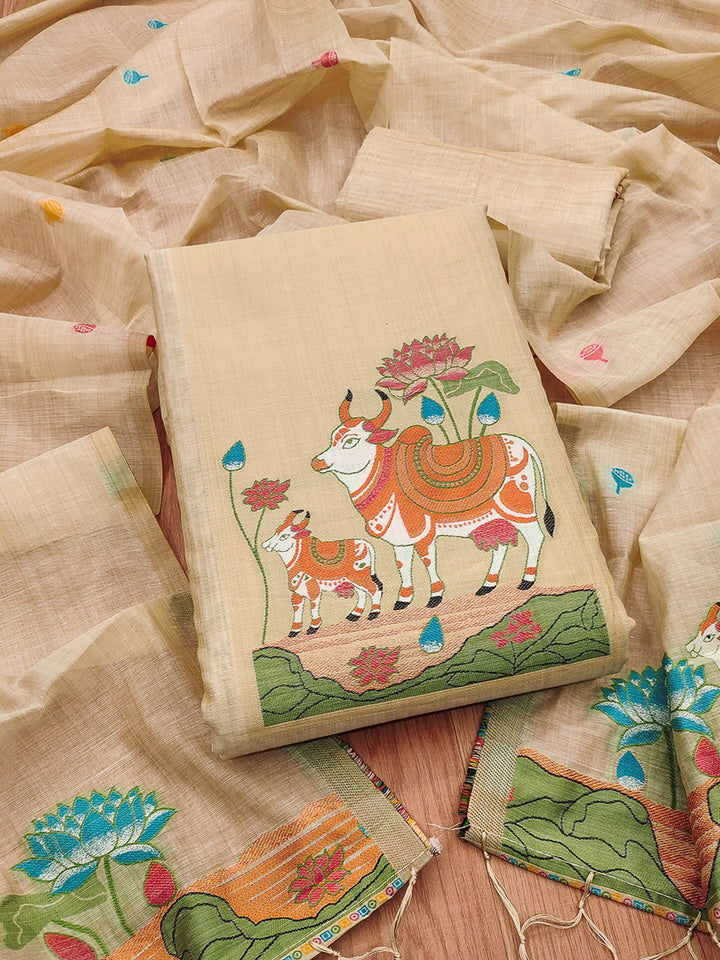 Cream Muga Cotton Woven Design Unstitched Dress Material