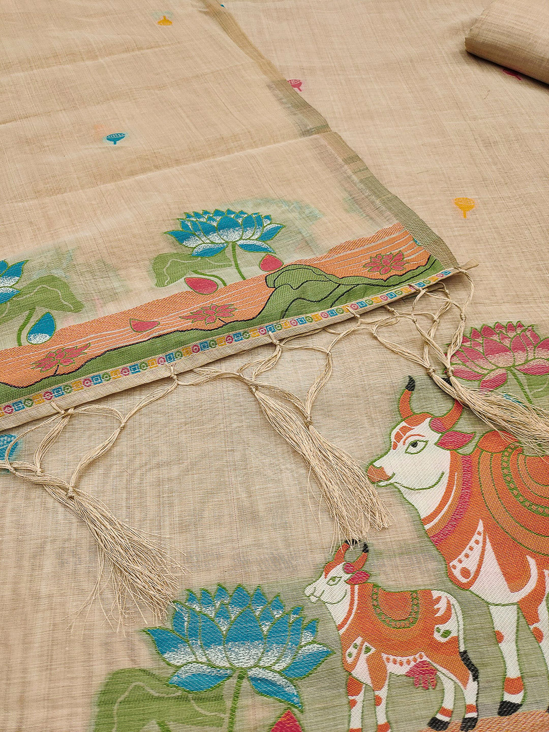 Cream Muga Cotton Woven Design Unstitched Dress Material