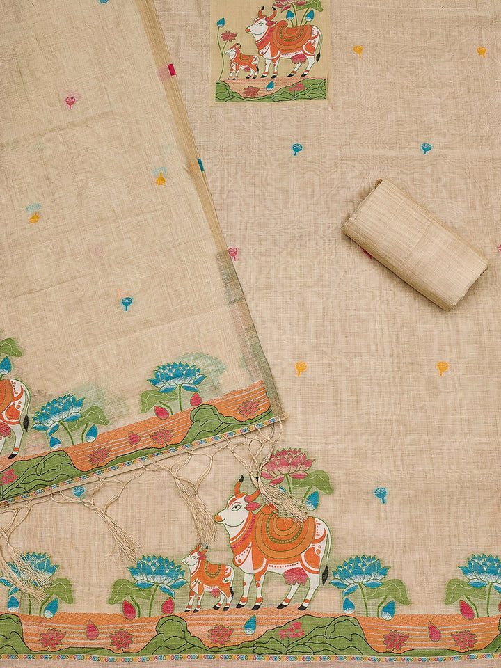Cream Muga Cotton Woven Design Unstitched Dress Material